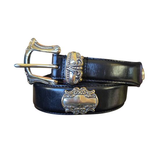 Vtg Fossil Black Silver Leather Southwest Western Cowgirl Rodeo Belt S EUC - Picture 1 of 8